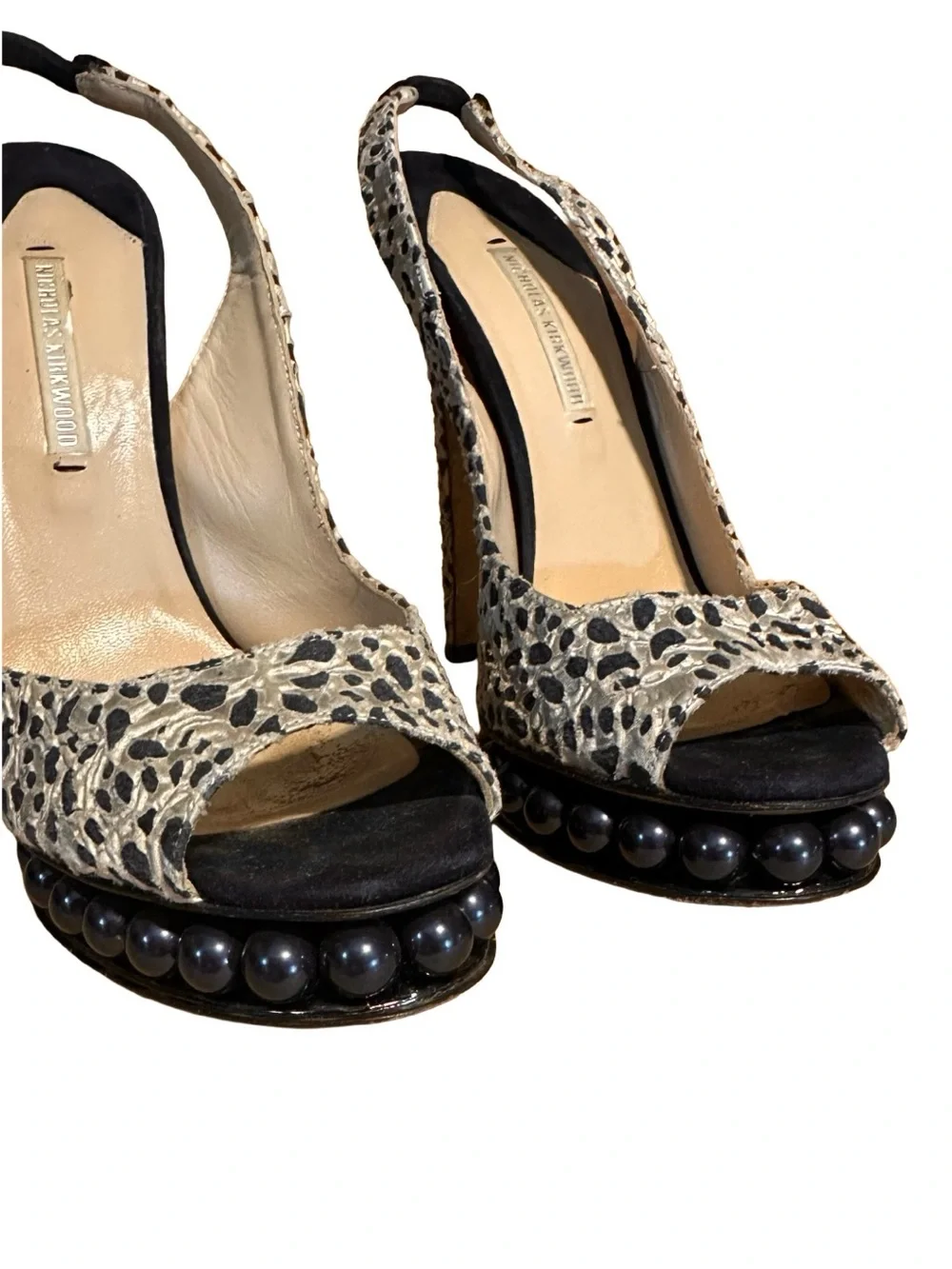 NICHOLAS KIRKWOOD BLACK & TAUPE ANIMAL PRINT SLINGBACK PLATFORM HEELS (36.5)